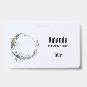 Blue Crescent Moon with White Flowers ID Badge