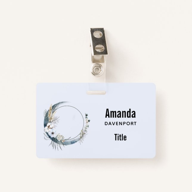 Blue Crescent Moon with White Flowers ID Badge (Front with Clip)