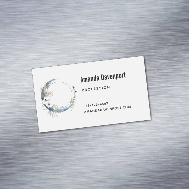 Blue Crescent Moon with White Flowers Magnetic Business Card (In Situ)