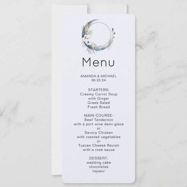 Blue Crescent Moon with White Flowers Menu Invitation (Front)