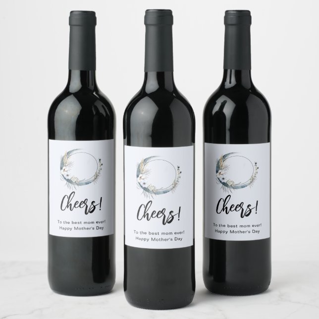 Blue Crescent Moon with White Flowers Mother's Day Wine Label (Bottles)