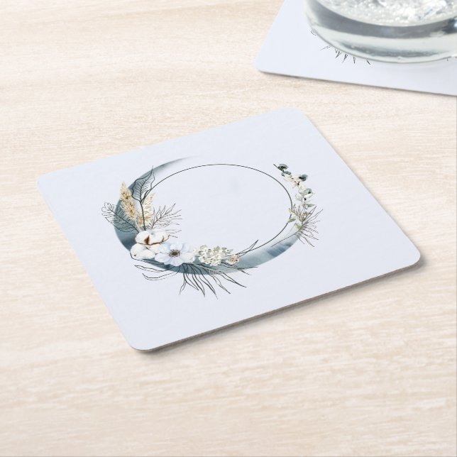 Blue Crescent Moon with White Flowers Square Paper Coaster (Angled)