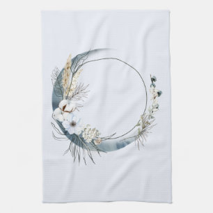Blue Crescent Moon with White Flowers Tea Towel