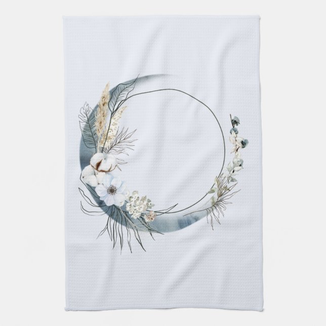 Blue Crescent Moon with White Flowers Tea Towel (Vertical)