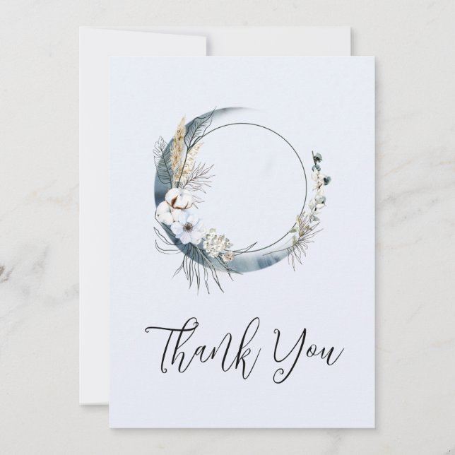 Blue Crescent Moon with White Flowers Thank You Card (Front)