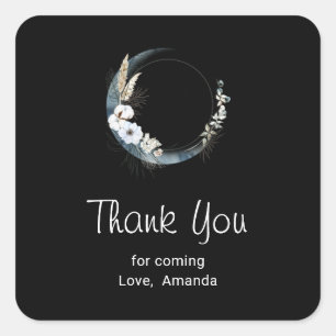 Blue Crescent Moon with White Flowers Thank You Square Sticker