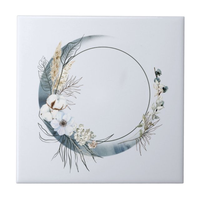 Blue Crescent Moon with White Flowers Tile (Front)