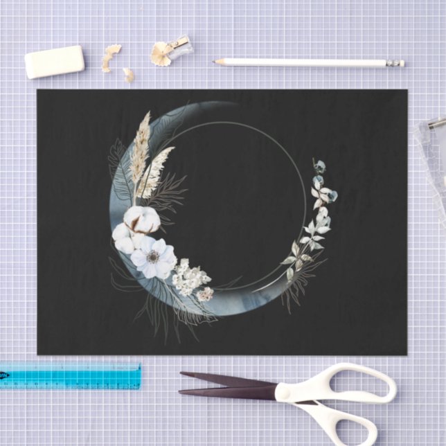Blue Crescent Moon with White Flowers Tissue Paper (Craft)