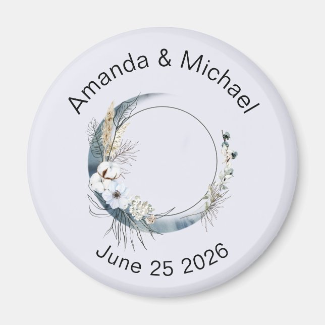 Blue Crescent Moon with White Flowers Wedding Magnet (Front)