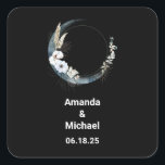 Blue Crescent Moon with White Flowers Wedding Square Sticker<br><div class="desc">Wedding stickers with a mystical illustration. A dark blue crescent moon with a elegant thin circle outline and white flower blossoms along its edges.</div>
