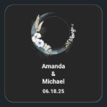 Blue Crescent Moon with White Flowers Wedding Square Sticker<br><div class="desc">Wedding stickers with a mystical illustration. A dark blue crescent moon with a elegant thin circle outline and white flower blossoms along its edges.</div>
