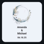 Blue Crescent Moon with White Flowers Wedding Square Sticker<br><div class="desc">Wedding stickers with a mystical illustration. A dark blue crescent moon with a elegant thin circle outline and white flower blossoms along its edges.</div>