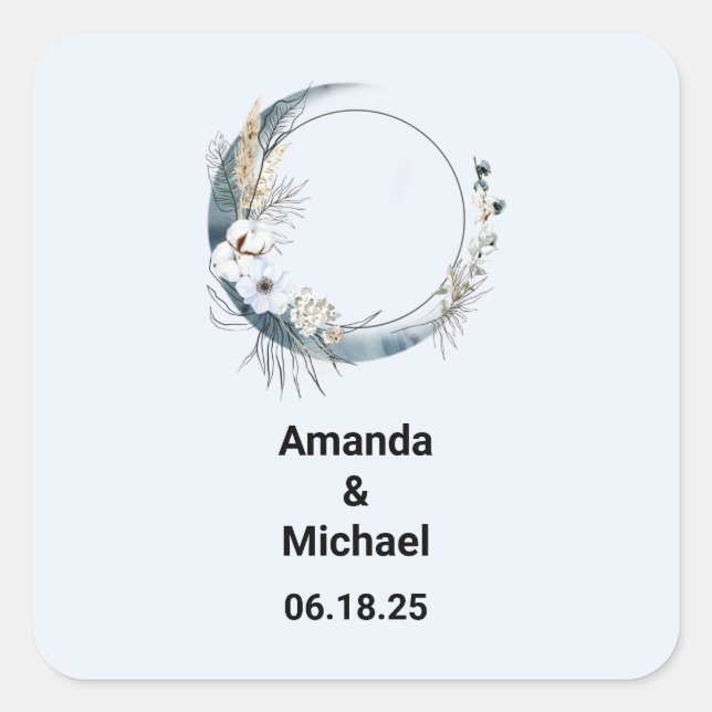 Blue Crescent Moon with White Flowers Wedding Square Sticker (Front)