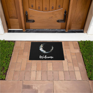 Blue Crescent Moon with White Flowers Welcome Doormat