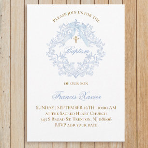 blue crest baby boy Baptism Invitation