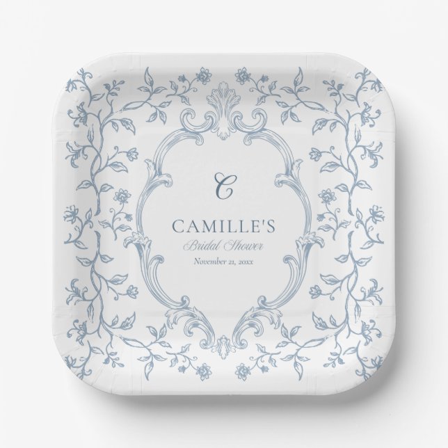 Blue Crest Bridal Shower Party Plates (Front)