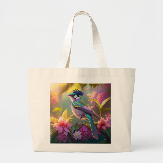 Blue Crested Rainbow Winged Sunbird Fantasy Bird Large Tote Bag (Front)