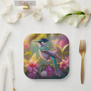 Blue Crested Rainbow Winged Sunbird Fantasy Bird Paper Plate