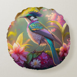 Blue Crested Rainbow Winged Sunbird Fantasy Bird Round Cushion
