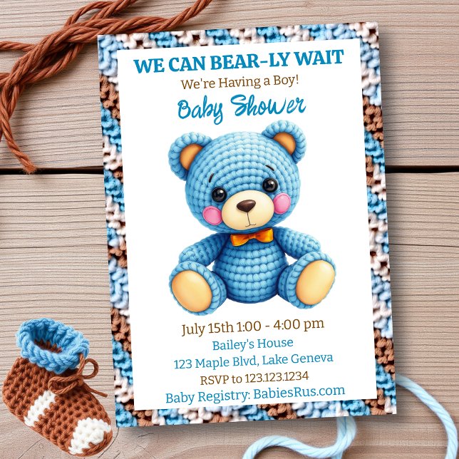 Blue Crocheted Teddy Bear Boy's Baby Shower Invitation (Creator Uploaded)