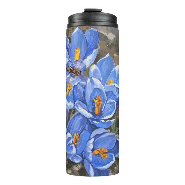 Blue crocuses and a bee thermal tumbler (Front)