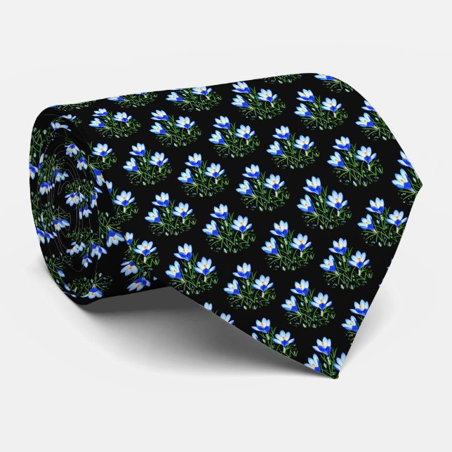 Blue Crocuses Black Neck Tie (Rolled)