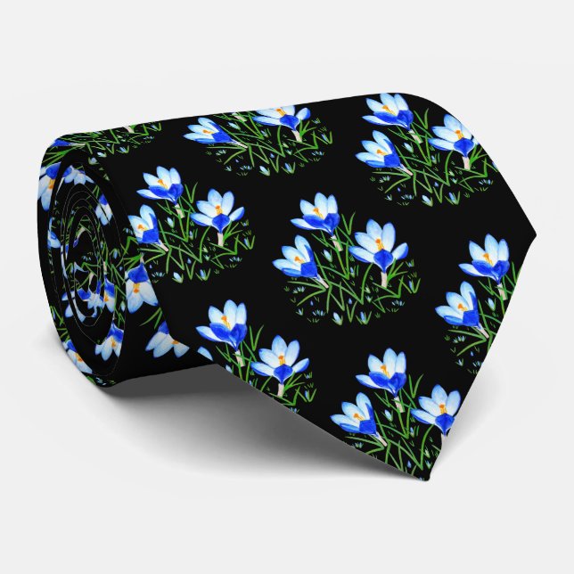 Blue Crocuses Black Necktie (Rolled)