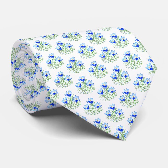 Blue Crocuses White Neck Tie (Rolled)