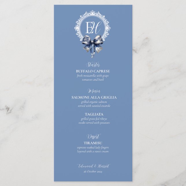 Blue Croquette Inspired Wedding Menu Card (Front)