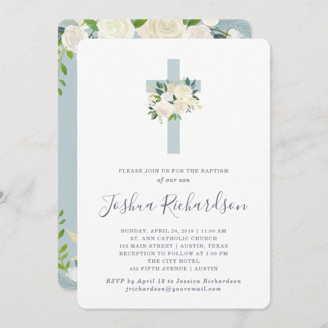 Blue Cross and White Flowers | Boy Baptism Invitation (Front/Back)