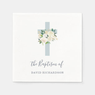 Blue Cross and White Flowers   Boy Baptism Napkin