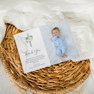 Blue Cross and White Flowers   Photo Boy Baptism Thank You Card