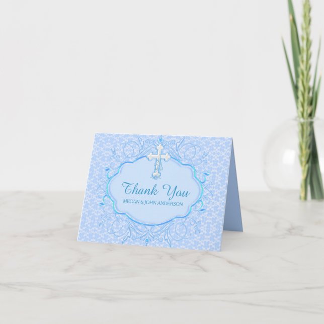 Blue Cross Baptism Christening Thank You Card (Front)