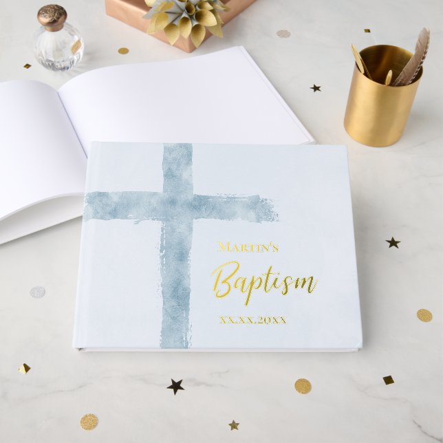 blue Cross Baptism Guest Book (Front Open)