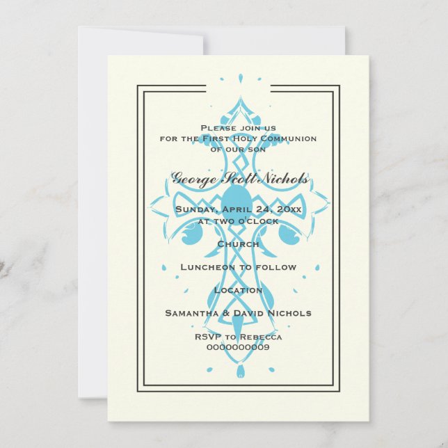 Blue Cross First Communion Baptism Confirmation Invitation (Front)