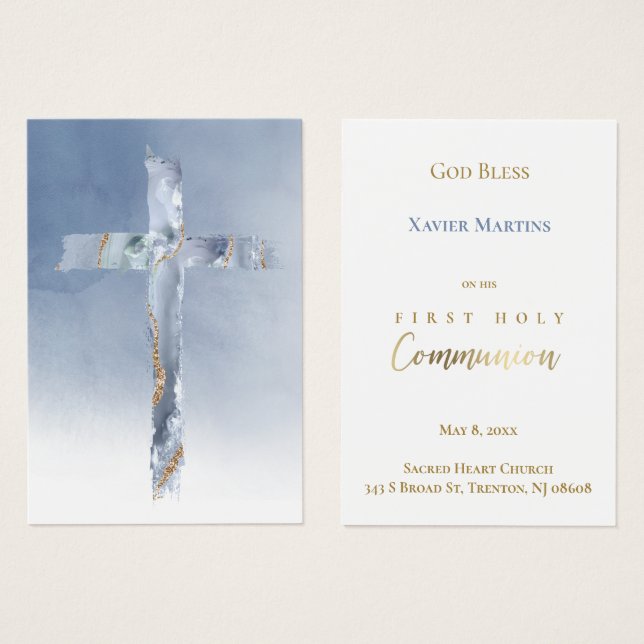 Blue cross First Communion remembrance card (Front & Back)
