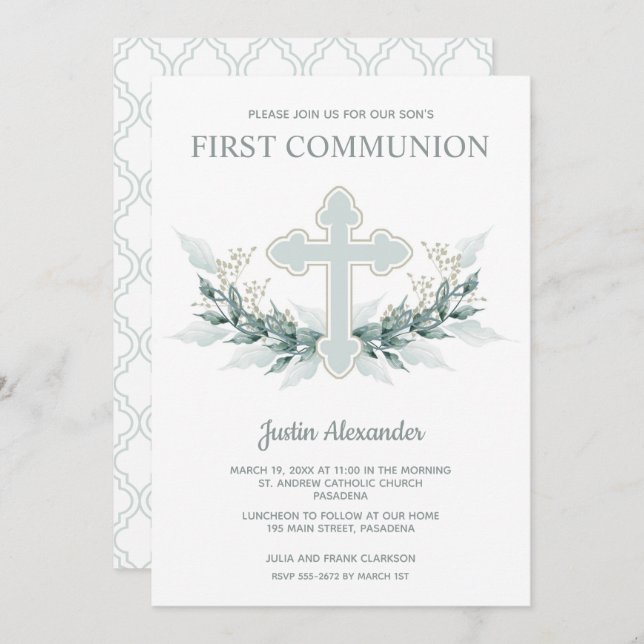 Blue Cross Floral First Communion Invitations (Front/Back)