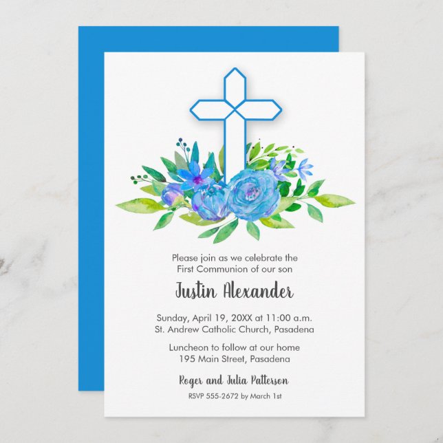 Blue Cross Floral First Communion Invitations (Front/Back)