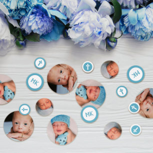 Blue Cross Initials 3 Photos Baptism Christening Confetti