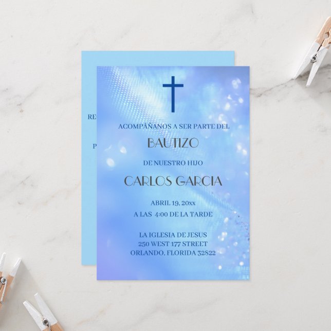 Blue cross Spanish Invitacion de Bautizo Invitation (Front/Back In Situ)