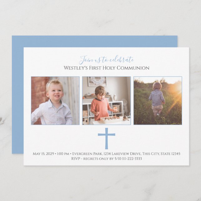 Blue Cross Tri Photo Modern First Communion Invitation (Front/Back)