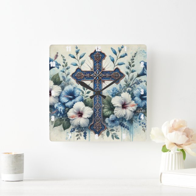 Blue Cross White Hibiscus Square Wall Clock (Home)