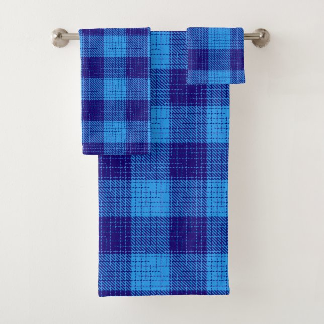Blue Crosshatch Bold Chequered Design  Bath Towel Set (Insitu)