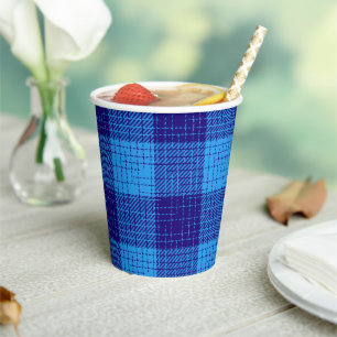 Blue Crosshatch Bold Chequered Design Paper Cups
