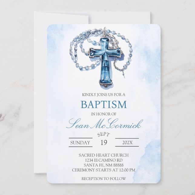 Blue Crucifix  baptism Invitation (Front)