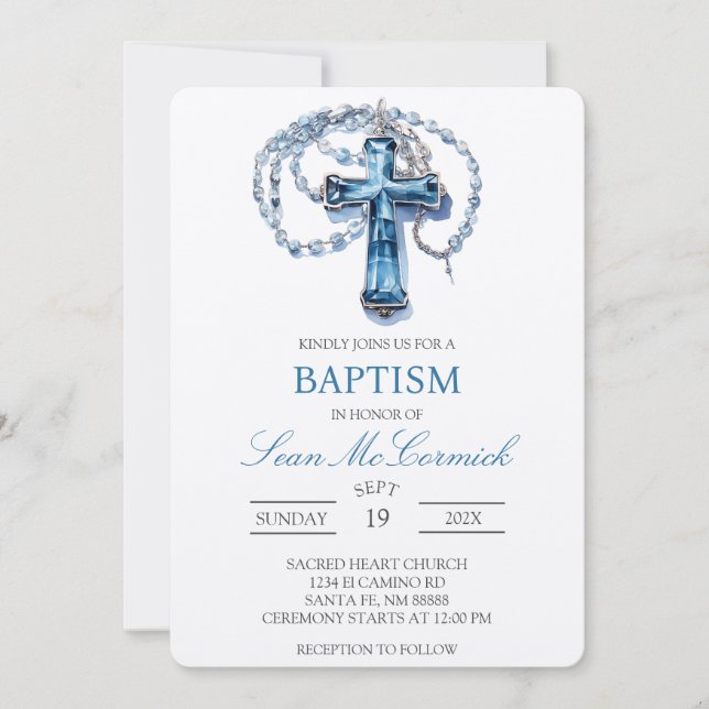 Blue Crucifix  baptism Invitation (Front)