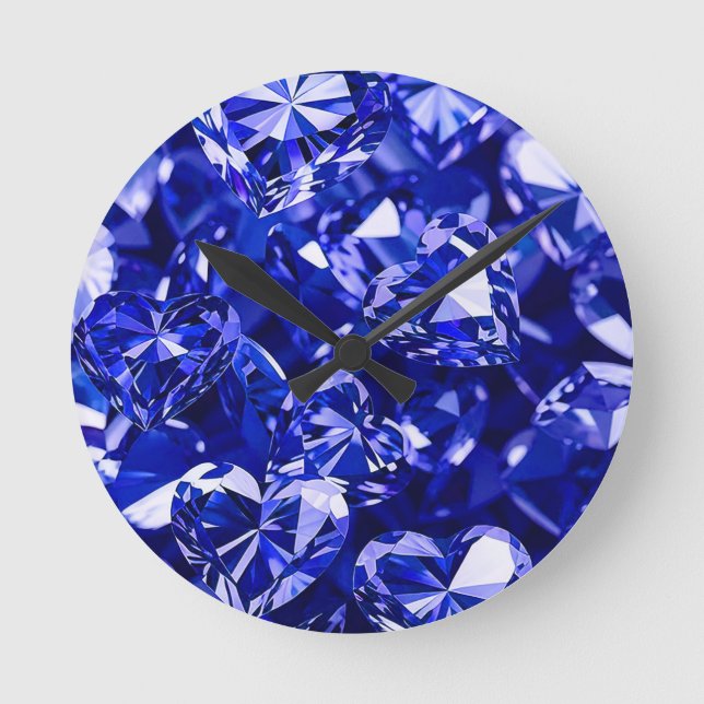 Blue Crystal Diamond Hearts Round Clock (Front)