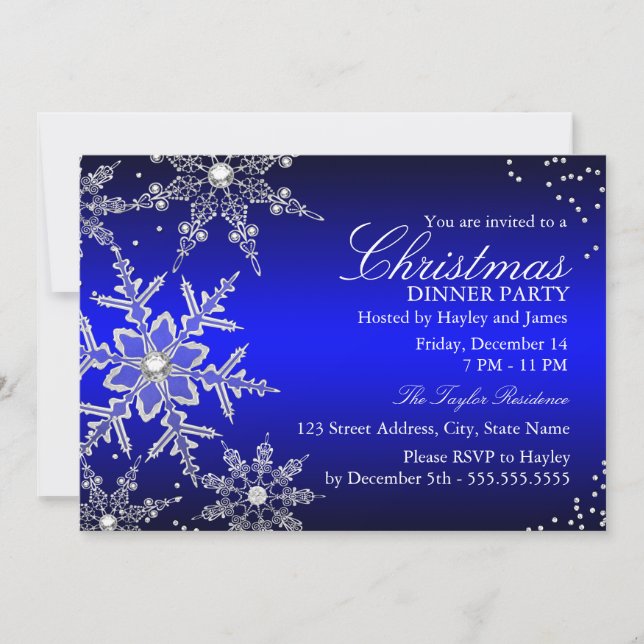 Blue Crystal Snowflake Christmas Dinner Party Invitation (Front)