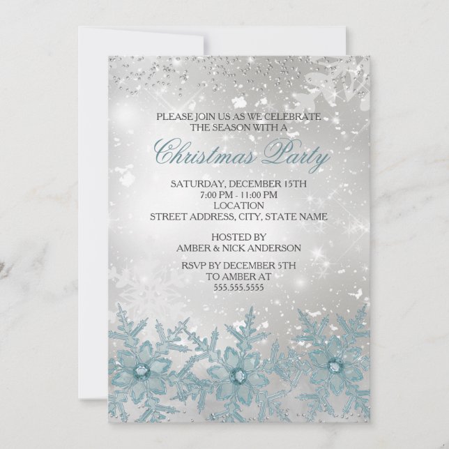 Blue Crystal Snowflake Christmas Party Invite (Front)