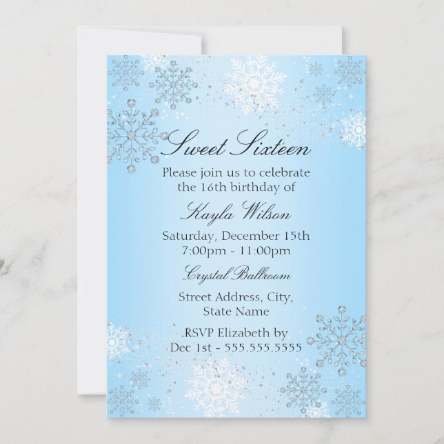 Blue Crystal Snowflake Winter Wonderland Sweet 16 Invitation (Front)
